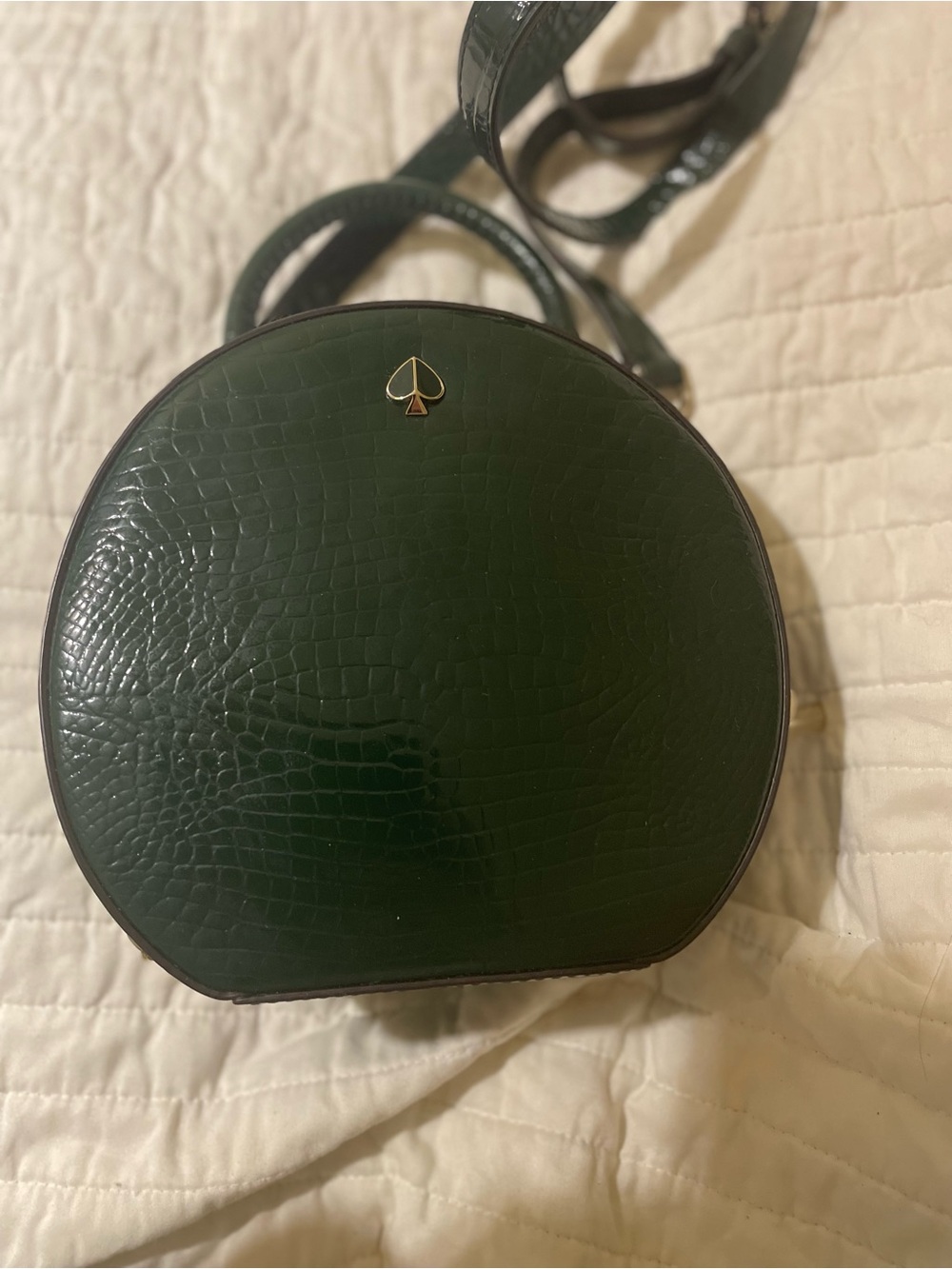 kate spade Dark Green Croc-Embossed Round Crossbody Bag with Gold Spade